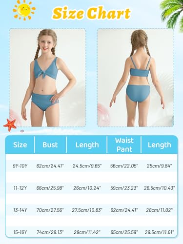 Girls Two-Piece Bikini Set - Knot Front V Neck Swimsuit, Grey Green, 15-16 Years