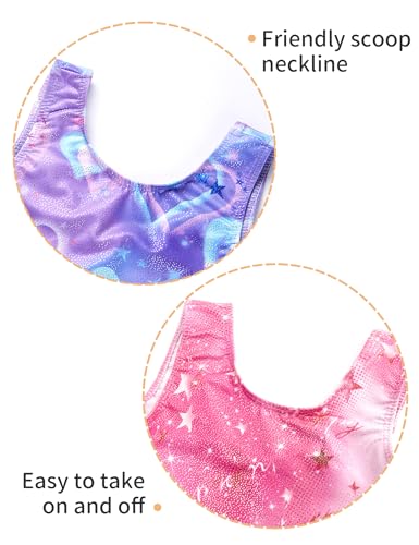 Girls Gymnastics Leotard - 2 Pack Sparkly Sleeveless Unitards - 5-6 Years Purple Heart & Pink B