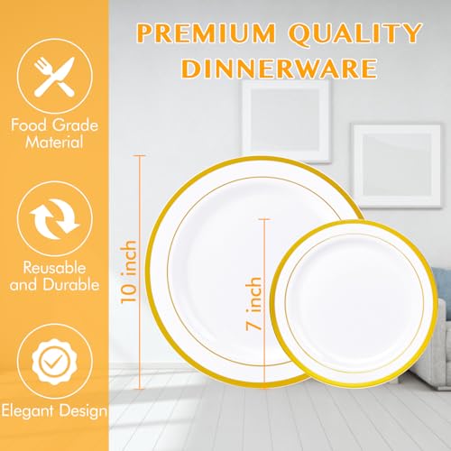 Gold Disposable Plastic Plates Set - 100 Pack | 10 & 7 Inch Party Tableware