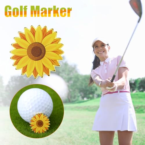 Seenelling 9 Pcs Golf Ball Markers Sunflower Pattern 1 Inch for Women & Men - Yellow