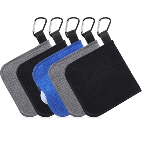 Batiyeer 5 Pack Small Golf Towels with Clip - Microfiber Waffle-Pattern, Portable 5.5 x 5.5 Inch for Men & Women, Gift Set (Black, Gray, Blue)
