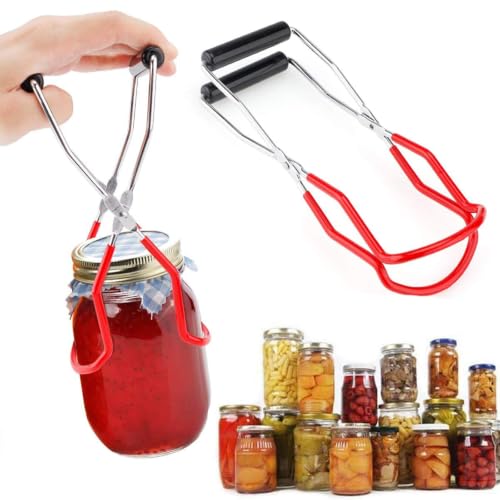 Stainless Steel Canning Jar Lifter Tongs with Rubber Grips - Red
