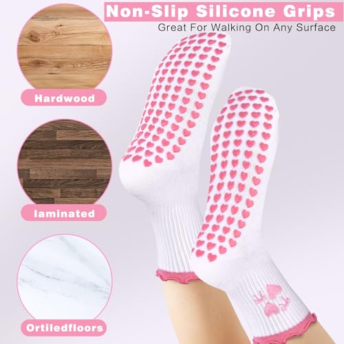 Yoga Grip Socks for Women - Cute Embroidery Pattern, Pink Ruffles
