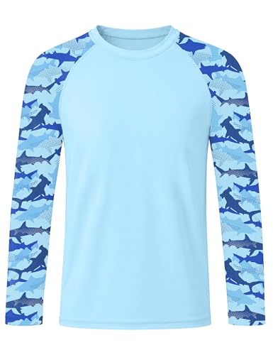 Boys' Long Sleeve Rash Guard Swim Shirt - UPF 50+, 8-10 Years A-light Blue