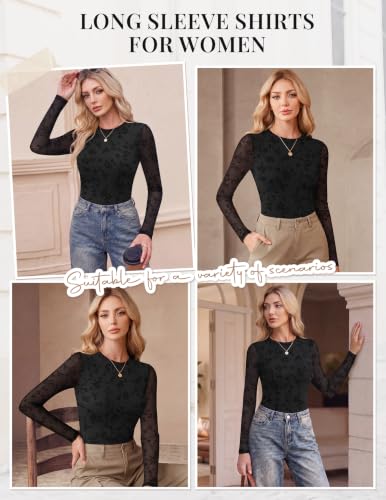 Womens Mesh Long Sleeve Tops - Fall Fashion Crew Neck Shirt - Large Black Floral