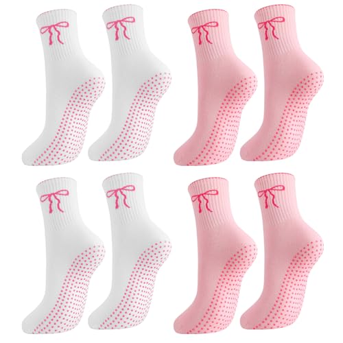 Non-Slip Pilates Grip Yoga Socks for Women - 6 Pairs, Pink & White with Bow