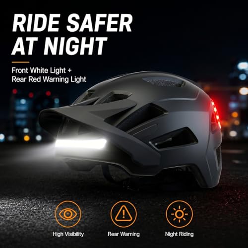 Silkycasters Adult Bike Helmet with LED Lights, Sun Visor, Size L (59-61cm), Black