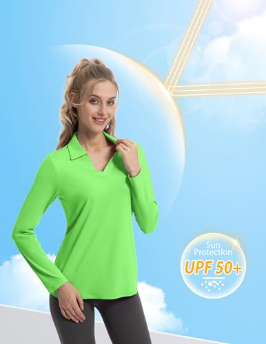 Women's Long Sleeve V-Neck Tennis Golf Shirt - Athletic Sport Top - Lime Green