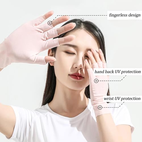 Cool Ice Silk Fingerless Women’s Driving Gloves - Pink+Ivory Set