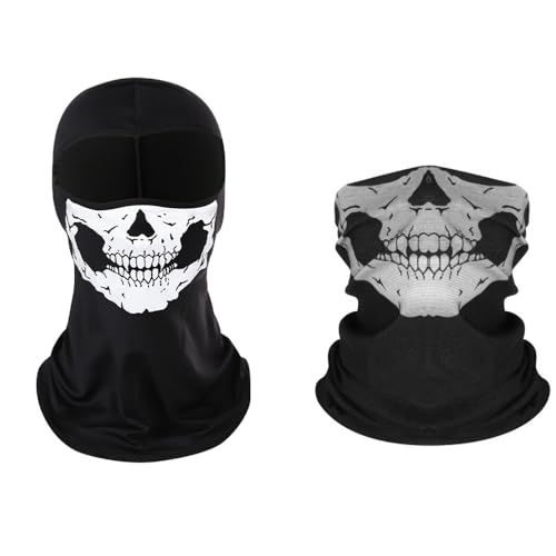 Wnddle 2Pcs Skull Ghost Face Balaclava - Breathable Full Face Mask for Men, Motorcycle & Halloween Costume, Standard