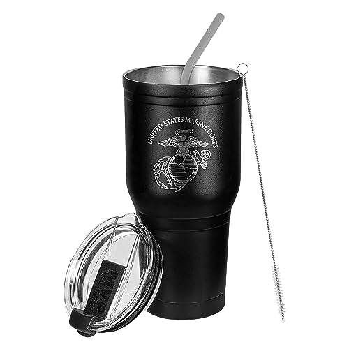 USMC 30 oz Stainless Steel Tumbler - Marine Corps Travel Mug with Lid & Straw, Double Wall Insulation