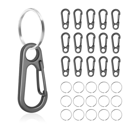 Small Carabiner Clip Set - Metal Snap Hooks for Key Chains & Gear - Gun Black+Rings 12 Set