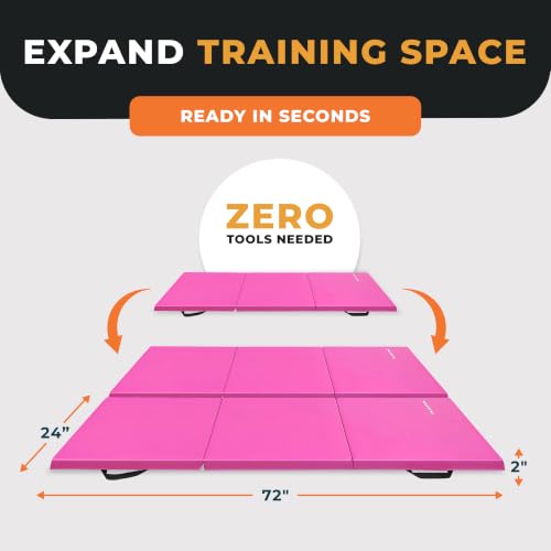 3-Panel Folding Gymnastics Mat - 6x2 Feet, Pink Color