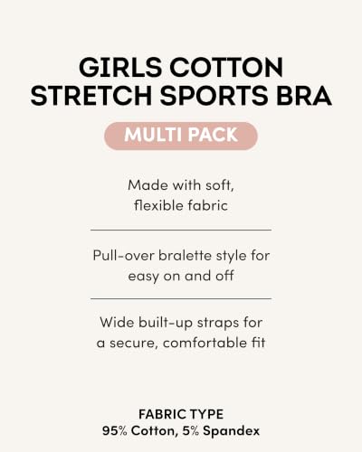 Fruit of the Loom Girls' Cotton Stretch Built-Up Sports Bra Multi-Pack 30/Hyacinth, Eyeshadow, Grey Heather, White, Lilac, Blushing Rose