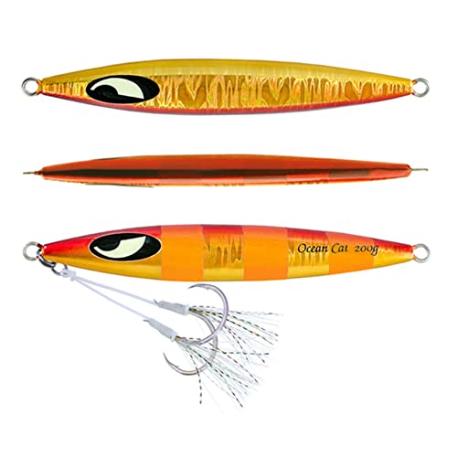 Ocean Cat Slow Fall Metal Jigging Lure 80g Red & Gold Flat Hook Sea Bait