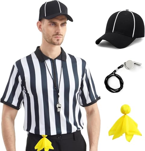 Referee Shirt Set for Men & Women - Large, 4-Piece Uniform with Whistle, Cap & Penalty Flag