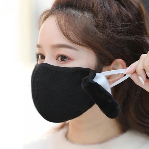 Winter Fleece Face Mask with Fluffy Ear Covers - Black