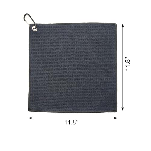 Microfiber Waffle Golf Towel with Carabiner Clip - 12-inch Black