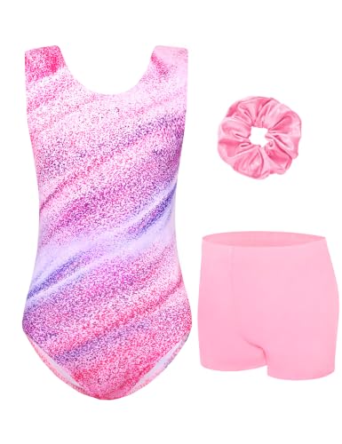 Girls Sparkly Gymnastics Leotard Set with Shorts - Pink Stripe, 7-8 Years