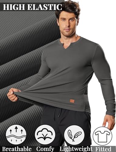 Men's Long Sleeve V-Neck Slim Fit Ribbed T-Shirt - Dark Grey, XX-Large