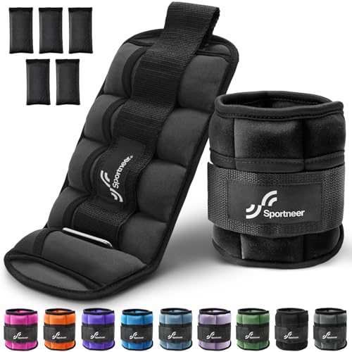 Sportneer Adjustable Ankle Weights Black, 2-7 lb per Pair, Removable Sandbags for Fitness & Rehab