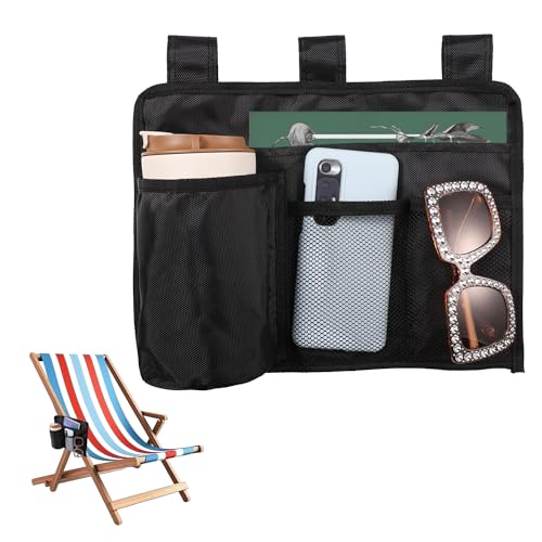 Lasuroa Black Nylon Beach Chair Cup Holder with 4 Pockets, Adjustable Strap