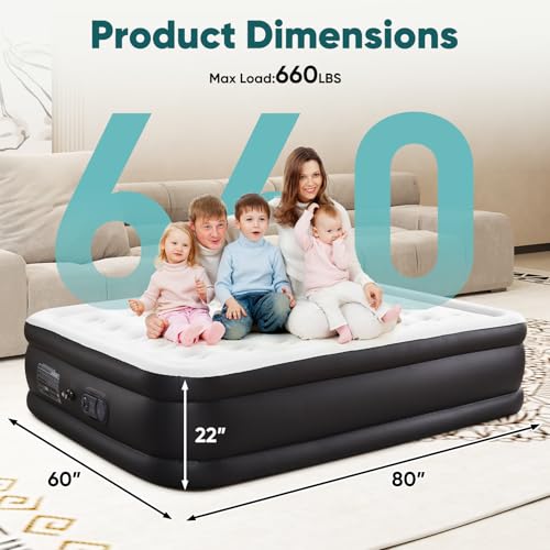 DUMOS Queen Air Mattress with Built-in Pump, 22in Thick, 80 x 60 in - 660 lb Capacity