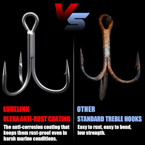 LURELINK 24-Pack 5X Extra Strong Treble Hooks for Saltwater & Freshwater Fishing Size 2