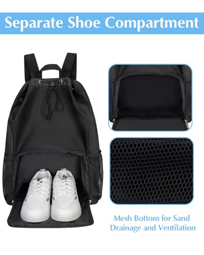 Ecosmile Drawstring Beach Backpack with Shoe Compartment & Wet Pocket - Black