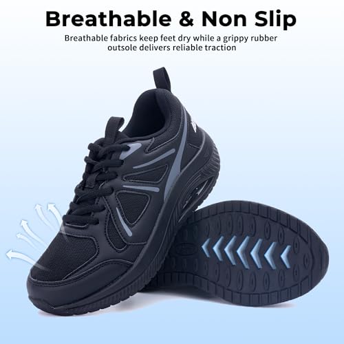 GyeBea Women's Wide Fit Walking Shoes for Plantar Fasciitis, Arch Support Sneakers Black/Grey 9W