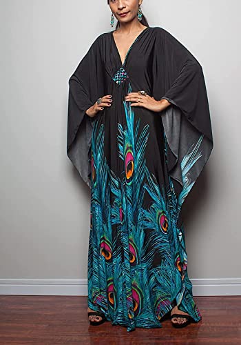 Venasha Peacock Floral Print Caftan Dress - Short Sleeve Swimsuit Cover-Up for Summer