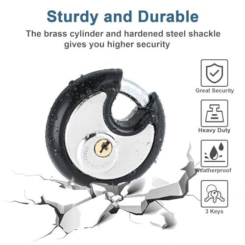 DAYGOS Heavy Duty Padlock with 8 Keys, 70mm Discus Keyed Lock for Storage Shed, Garage, Storage Lockers, Sliding Doors, Tool Box, and Cabinets (4 Pack Keyed-Alike, 3/8-Inch Shackle, Rubber Bumper)