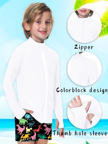 Kids Zipper Rash Guard Sun Shirt - UPF 50+ UV Protection, 11-12 Years / White