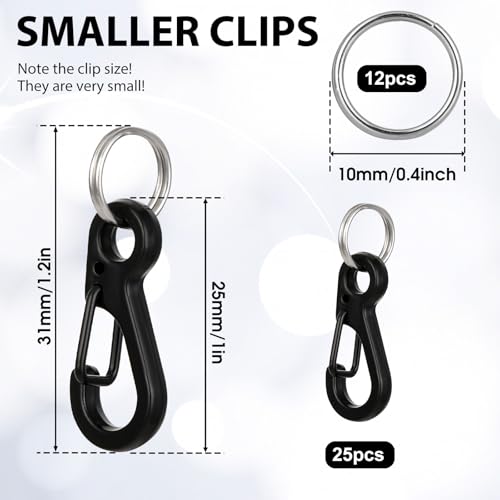 Small Carabiner Clips - 12 Sets Mini Metal Snap Hooks - Black