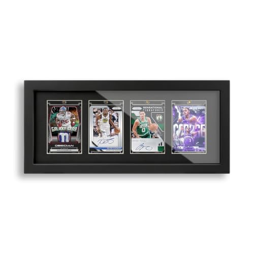 Solid Fir Wood 4-Grid Trading Card Display Frame with 4 x 35pt Holders, Black - Wall Mount