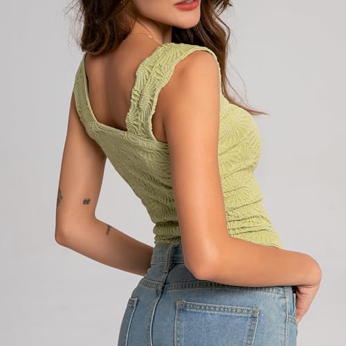 Niceyoo Women's Square Neck Crop Tank Top with Lettuce Trim – Green, Medium-Large