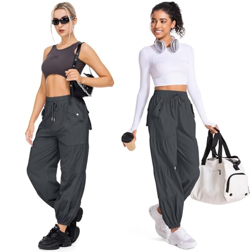 Cargo Pants for Women - Elastic Waist Wide Leg with 4 Pockets - Dark Grey, Medium