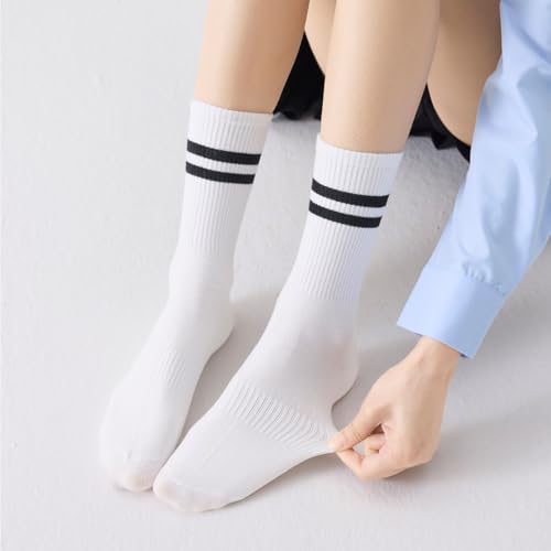 Striped Crew Socks - Long Cotton Athletic Casual Socks (2 White, 2 Beige, 2 Black, 2 Gray)