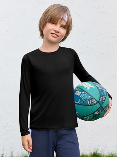 Boys Long Sleeve Athletic T-Shirt - Neon Dry Fit UPF 50+ - Black, 7-8 Years