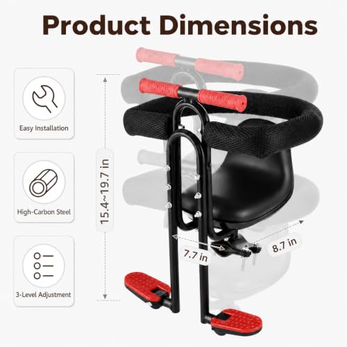 COSYOO Front Mounted Bike Seat with Guardrail, Foldable Footrests & Soft Foam — Black