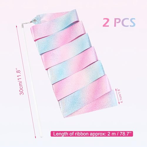 2 PCS Sparkling Gymnastics Ribbons with Twirling Wands - 78.7 Inch