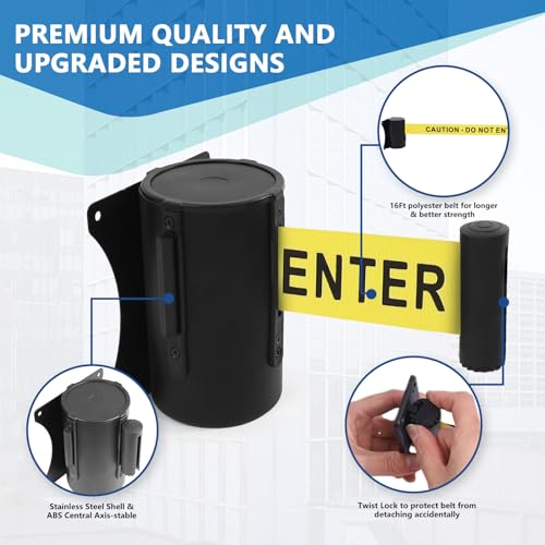 Wall Mount Retractable Belt Barrier 2 Pack, TrreZon Fixed Retractable Belt Barrier with Steel Case 16' Yellow Belt with "Caution: DO NOT Enter" for Grocery, Retail Store, Office, Stadium, School