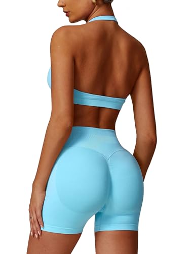ABOCIW Women's Seamless Workout Sets 2-Piece Gym & Yoga Outfits - Ice Blue, Small