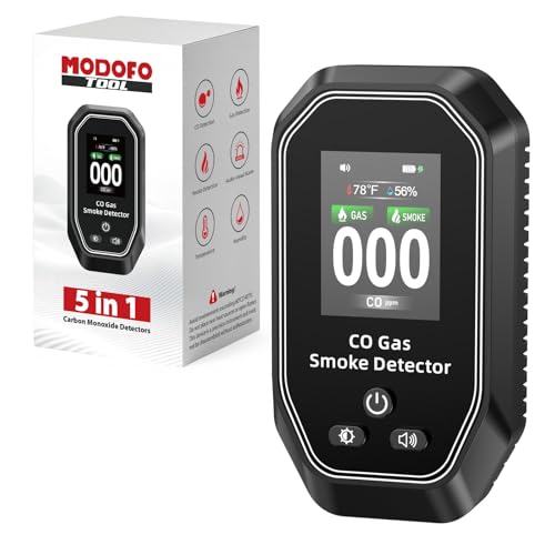 5-in-1 Portable Carbon Monoxide Detectors Plug in, MODOFO TOOL Smoke and Carbon Monoxide Detector with Built-in Battery, Natural Gas Leak Detector, HD Display for CO, Gas, Smoke, Temp, Humidity Black