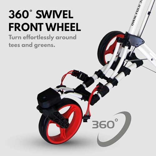 3-Wheel Golf Push Cart - 360° Swivel Wheel, One-Second Fold - White/Red