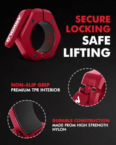 Mikolo Red 2-Inch Magnetic Olympic Barbell Clamps with Anti-Slip TPR for Gym & Home Use