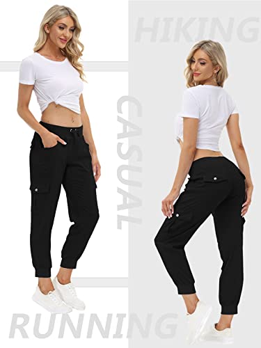 Lightweight Women's Hiking Cargo Pants - Quick Dry, Elastic Waist, Medium Black