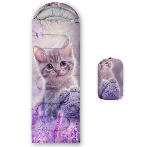 HOSIMA Kids & Adults Purple Cat Pattern 90in x 32in Waterproof Sleeping Bag - Cold Weather Camping Gear