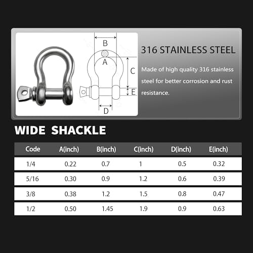 316 Stainless Steel D-Ring Shackles - Heavy Duty 1/4 Inch 4 Pack