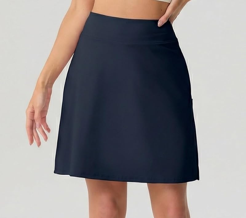 PrinStory 19" Women’s Tennis Skirt Athletic Skort with Zipper Pockets, Large/Navy Blue